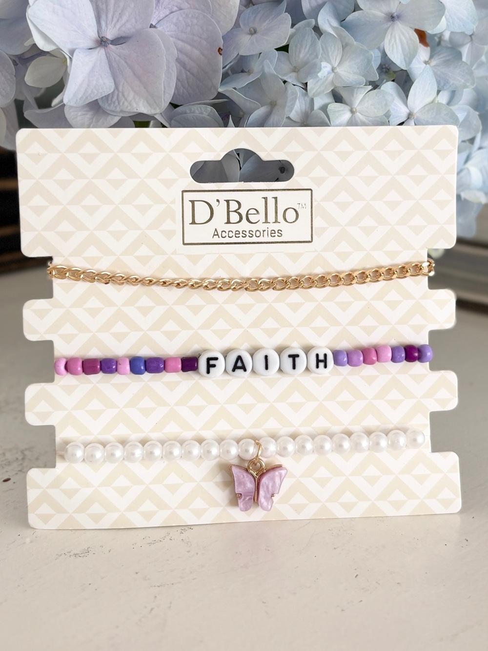 D'Bello Bracelet / Anklet Trio - 'Faith' Butterfly Purple Bead, Pearl, Gold
